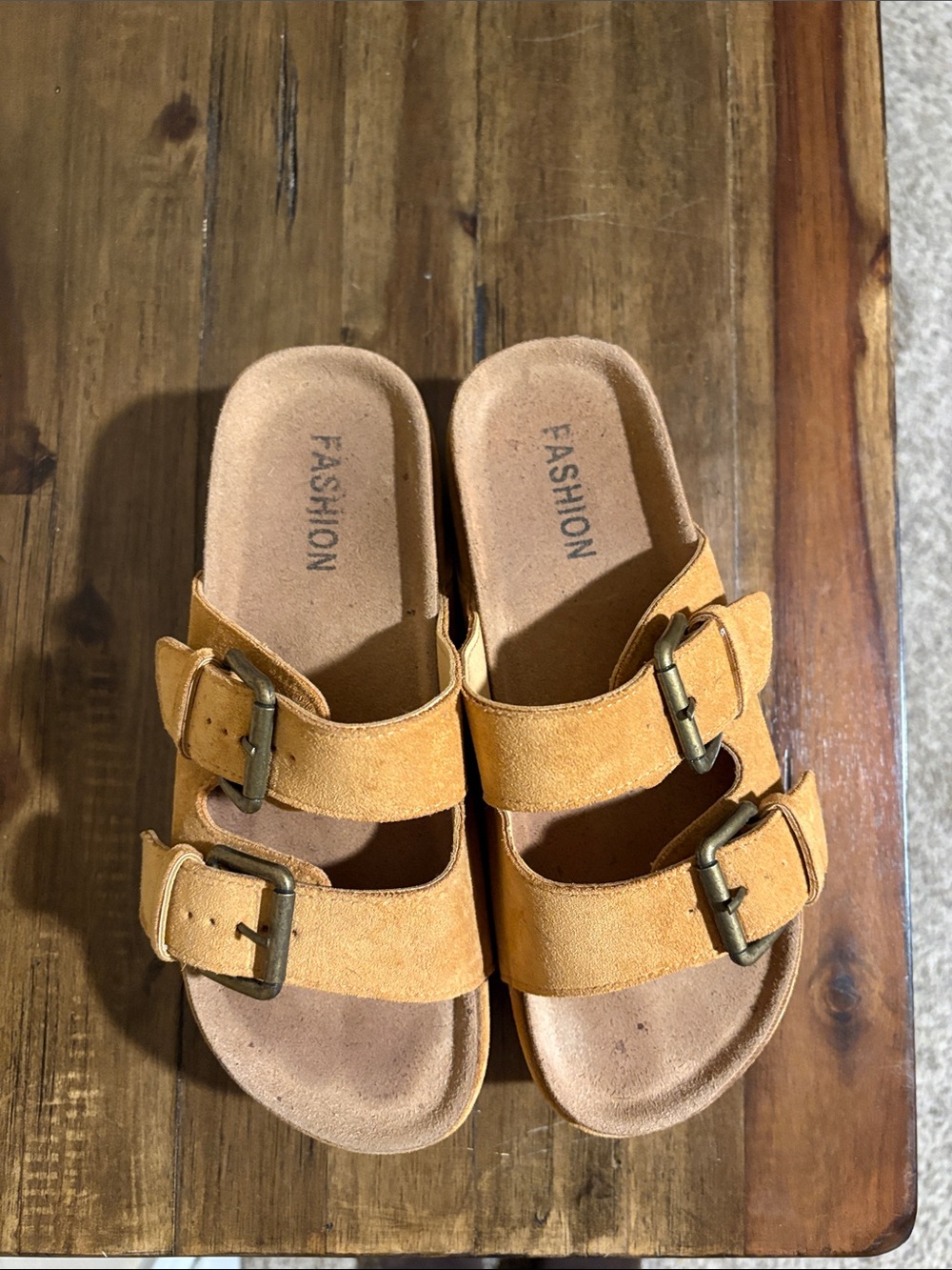 Suede Double-Buckle Sandals in Tan -